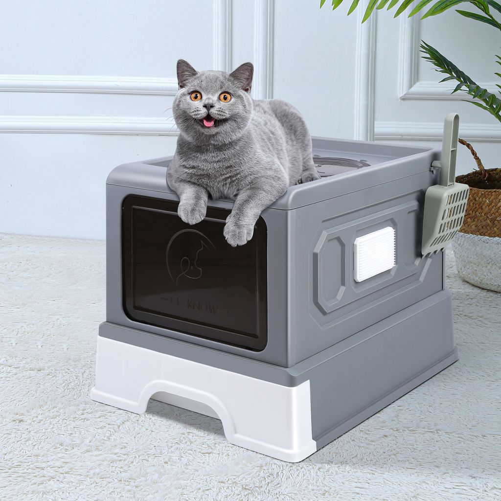 Katzenklo mit Deckel Katzentoilette mit Massagebrett Katzenklo geschlossen Ausziehbares Tablett 45.5x36x32cm Grau