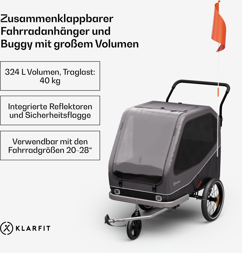 Klarfit Goldie Stroller Fahrradanhänger für Hunde, Umwandelbar in Buggy, 324 L Volumen, Wasserfest, Integrierte Bremsen & Reflektoren, Max Belast...