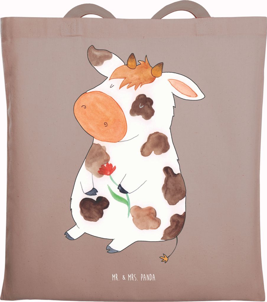 Mr. & Mrs. Panda Tote Bag Kuh - Braun Pastell - Geschenk, Spruch, dokumententasche, Kühe, Bauernhof, Milchkuh, Tasche, Laptoptasche, Hof, Shopping...