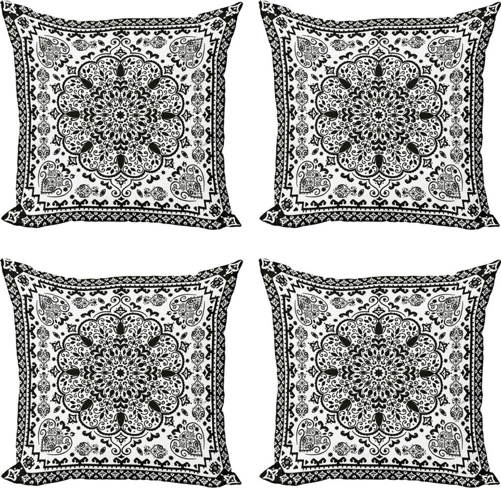 ABAKUHAUS Ethnisch Kissenbezug Set (4 Stück), Lace Paisley Schwarz Mehndi, Moderner Doppelseitiger Digitaldruck, 45 cm x 45 cm, Charcoal Grau Weiß