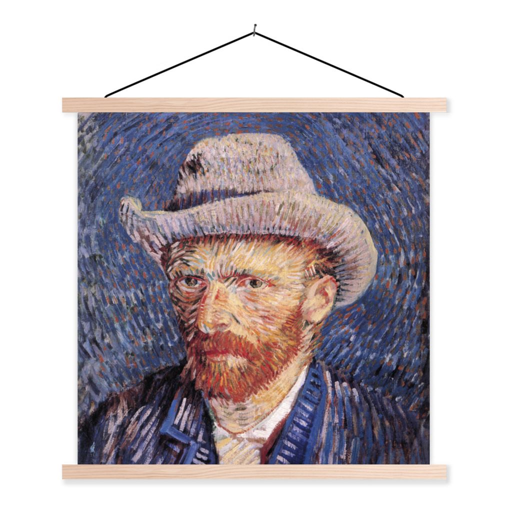 MuchoWow Textilposter Selbstbildnis mit grauem Filzhut - Vincent van Gogh 60x60 cm mit holzfarbenen Rahmen - Wanddekoration