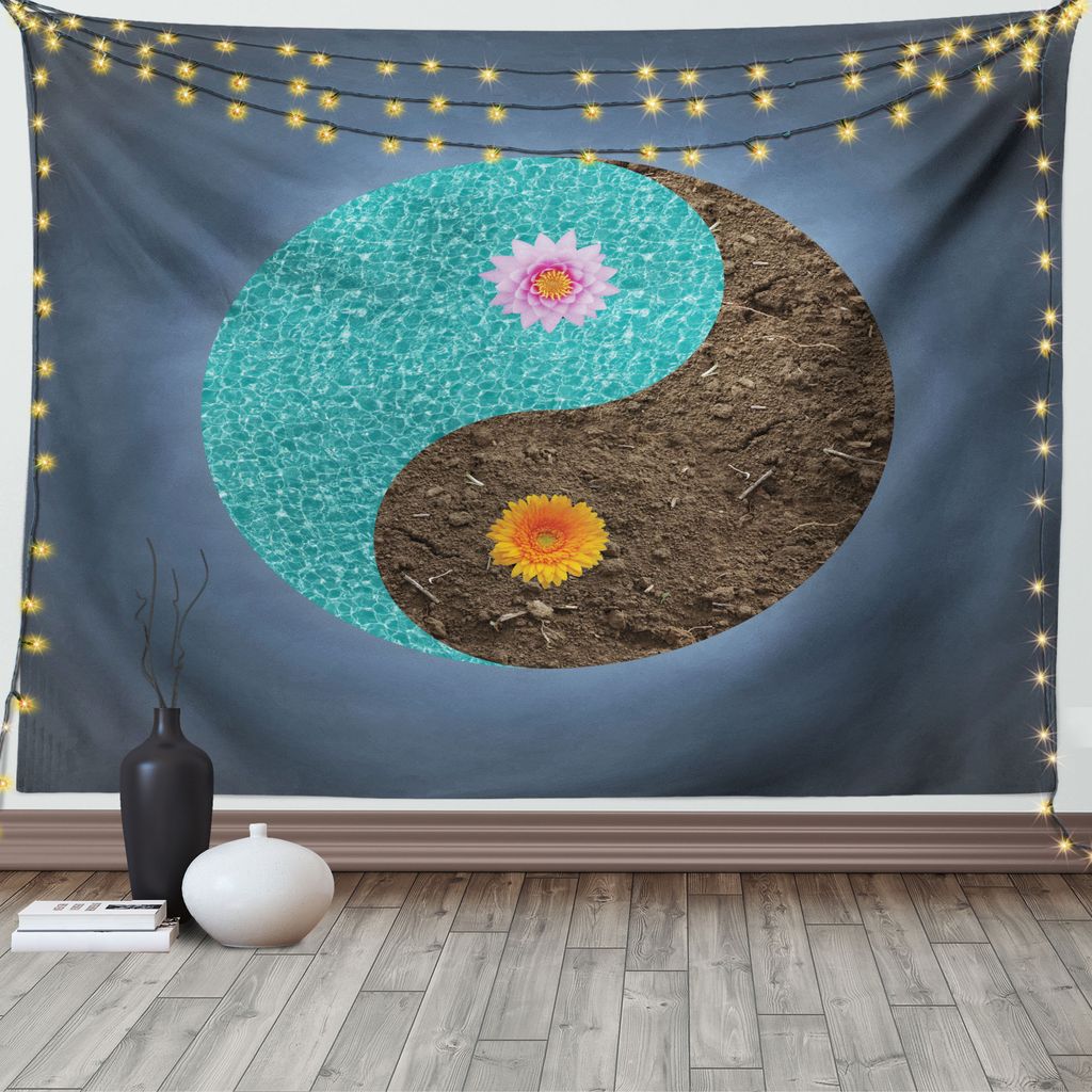 ABAKUHAUS Yoga Wandteppich, Yin Yang Blume Teal Brown, Wohnzimmer Schlafzimmer Wandtuch Seidiges Satin Wandteppich, 150 x 100 cm, Blaugrau Türkis
