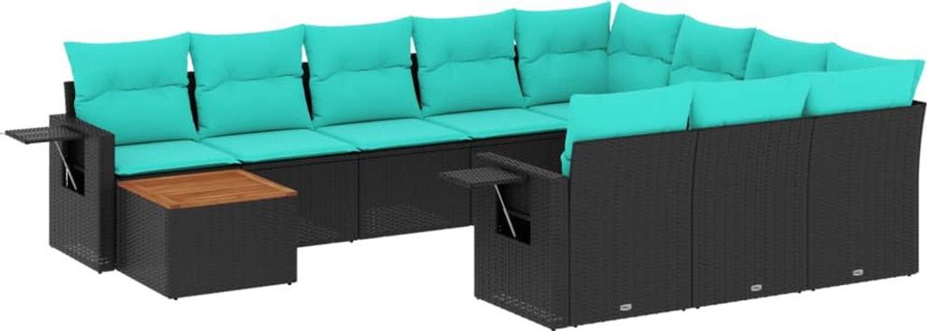 11-teiliges Gartensofa-Set mit Kissen, schwarzes Polyrattan