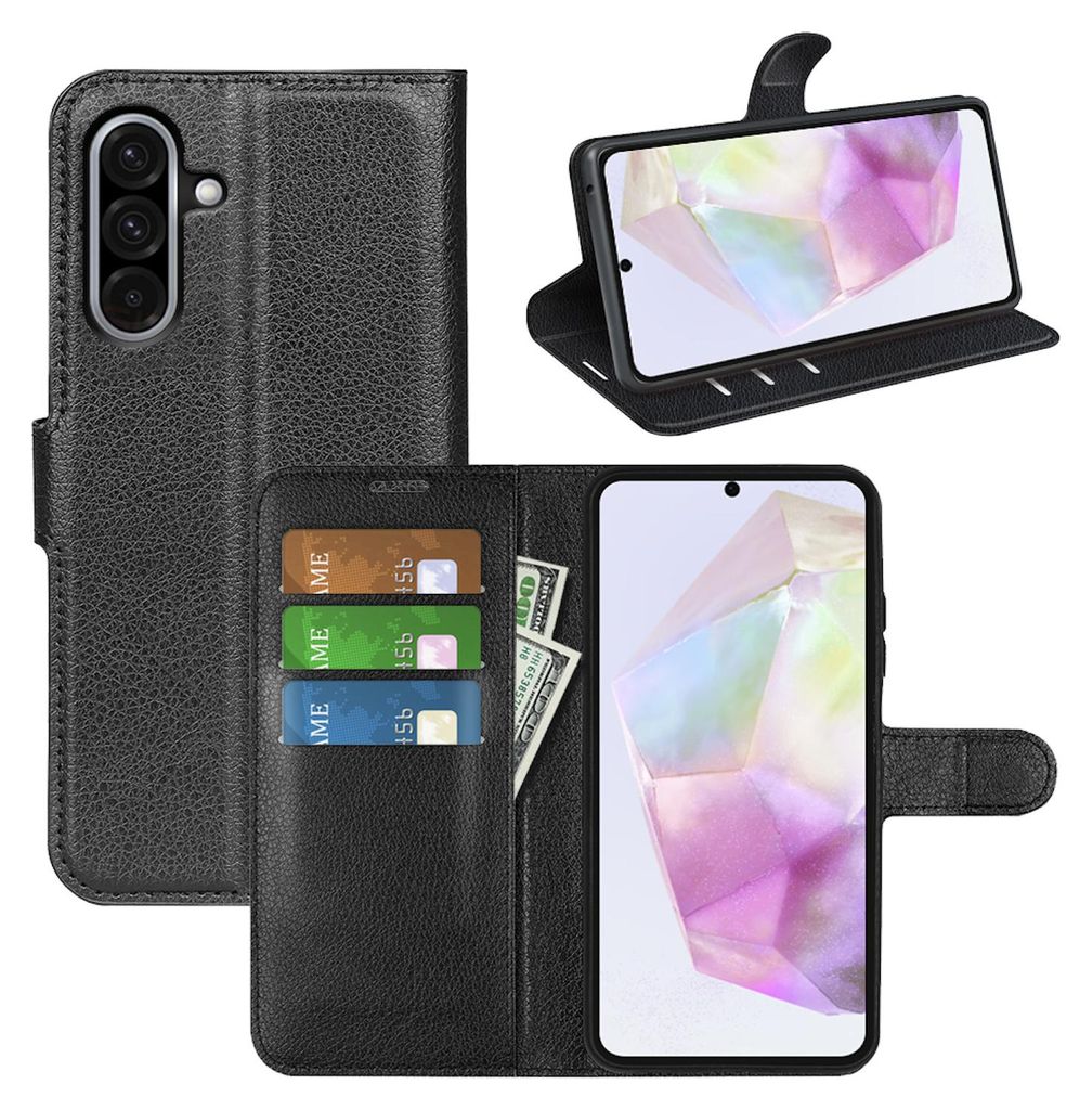 A collage of a black leather wallet-style phone case for a Samsung Galaxy A56/A36, showing the case open and closed, with cards and money inserted.