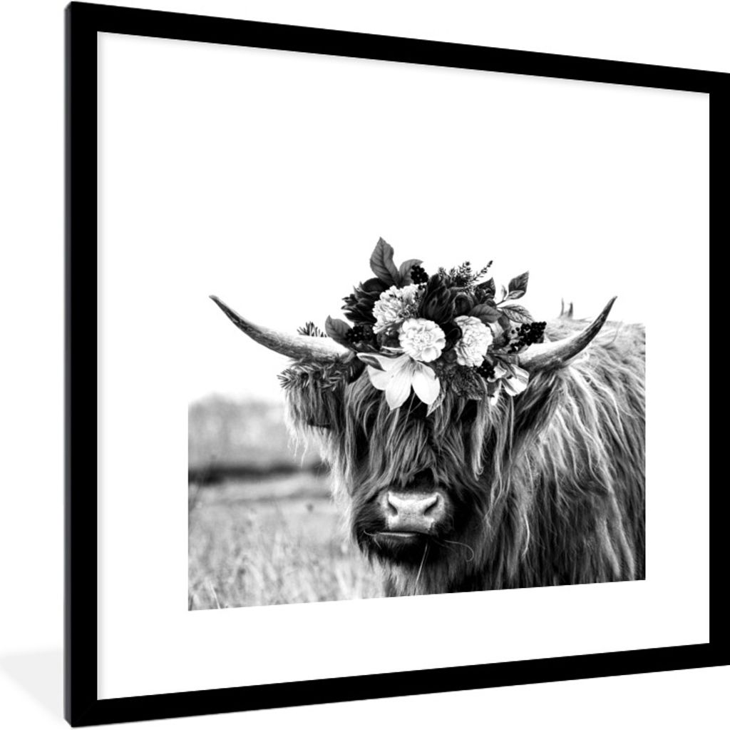 MuchoWow Gerahmtes Poster Schottischer Highlander - Blumen - Schwarz - Weiß 40x40 cm - Poster mit Schwarzem Bilderrahmen Wandposter Rahmen Foto ...