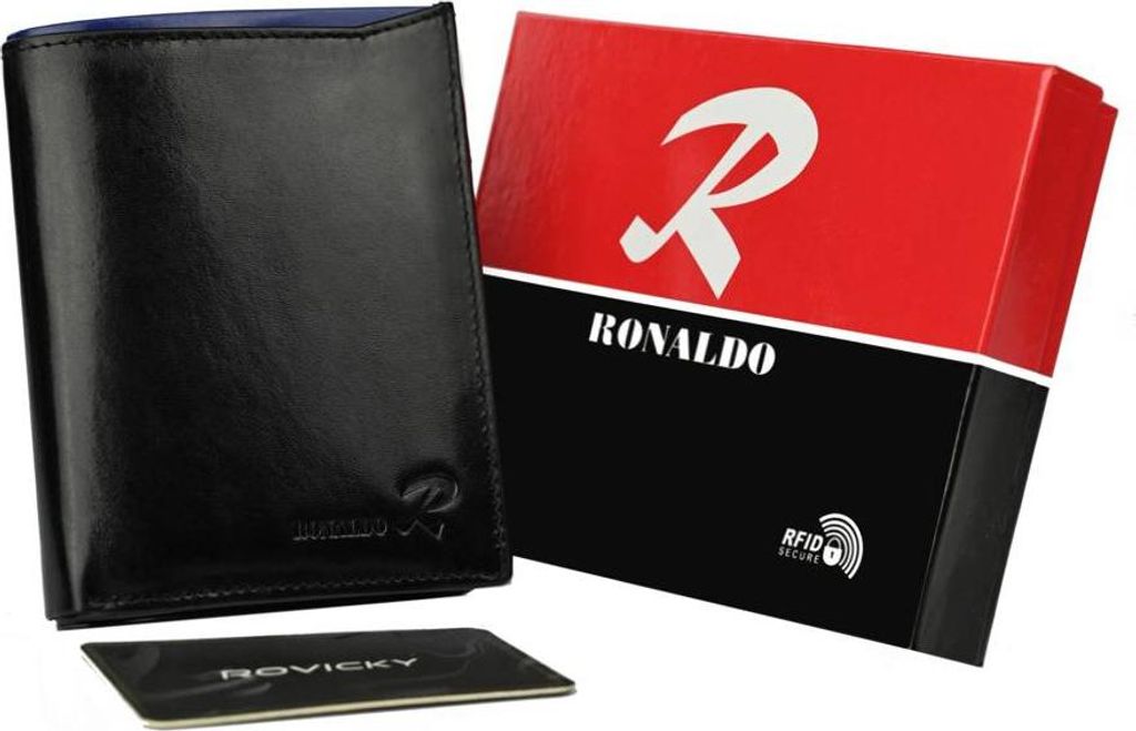 Ronaldo | Vertikale Brieftasche, für Männer, aus glänzendem echtem Leder, Schwarz, Marine, 9.5x12 cm