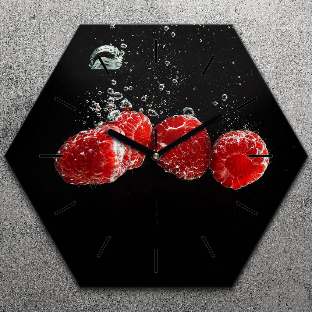 Uhr hexagonal 40 cm Glas Geräuschlos schwarze Zeiger - Früchte Spritzen
