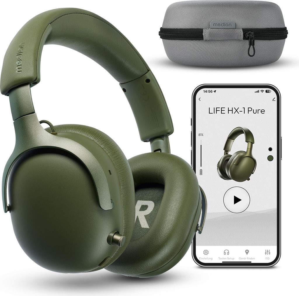 A set of green over-ear headphones, a carrying case, and a smartphone displaying the headphone's app.