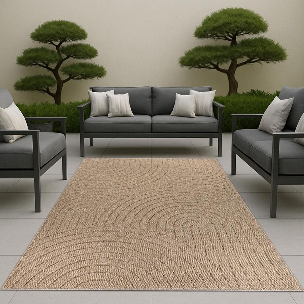 Teppich In- und Outdoor mit Kreislinien-Muster in Beige für moderne Wohn- und Außenbereiche Größe - 200 x 280 cm