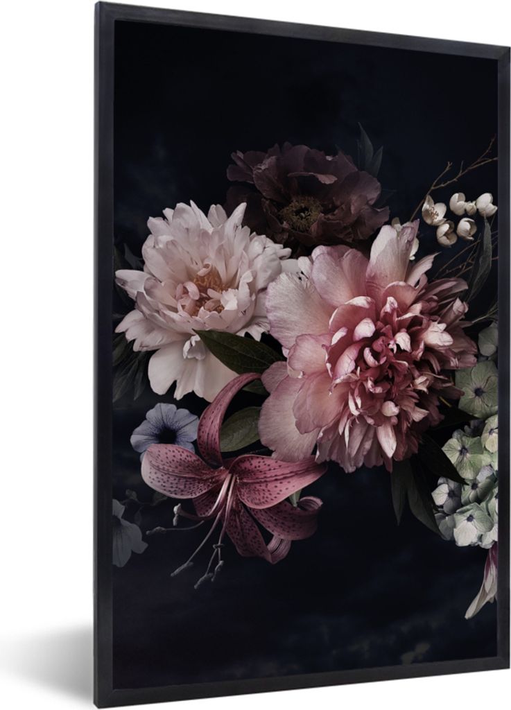 MuchoWow Gerahmtes Poster Blumen - Vintage - Pastell - Schwarz - Blumenstrauß 20x30 cm - Poster mit Schwarzem Bilderrahmen Wandposter Rahmen Fot...