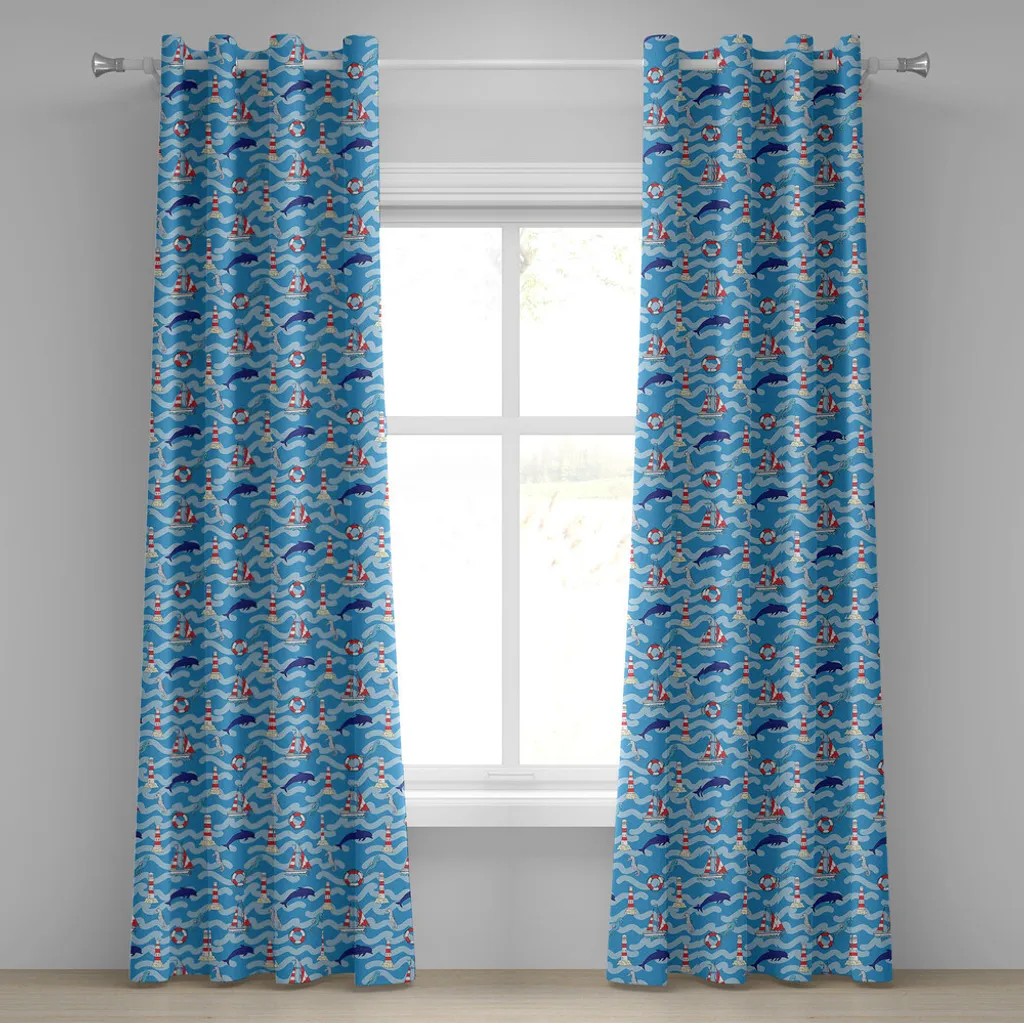 Paire de rideaux déco motifs marins dauphins et bateaux 280 x 175 cm