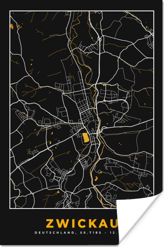 MuchoWow Poster Stadtplan - Deutschland - Gold - Zwickau - Karte 60x90 cm - Wanddekoration
