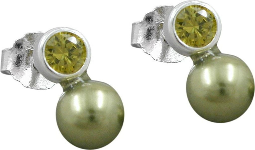 Stecker Ohrstecker Zirkonia oliv Perle Imitat 925 Echtsilber Damen