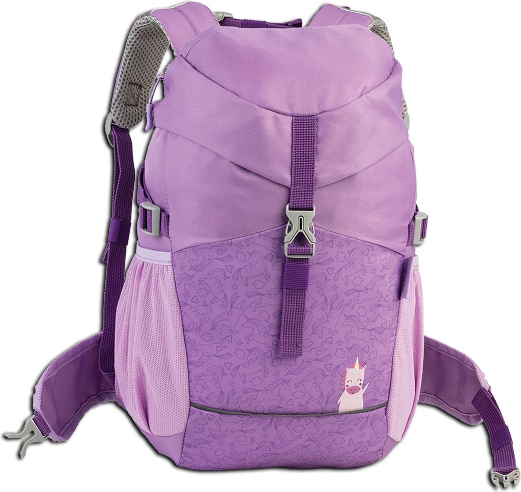A purple backpack with a unicorn pattern and a small unicorn graphic on the front.