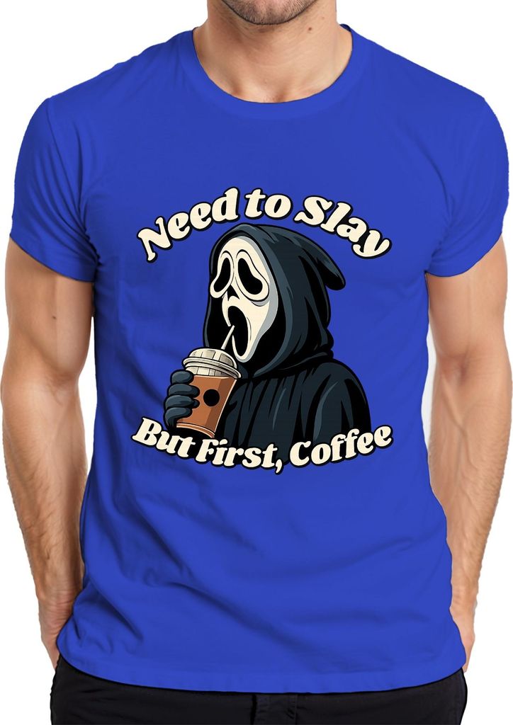 But First Coffee Sensenmann Halloween Kaffee Gothic Lustig Grusel Herren T-Shirt, Blau, 3XL