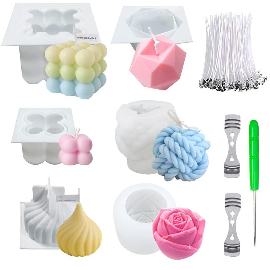6-teiliges Set mit Blasenkerzenformen, 3D-Silikonform zum Selbermachen von Kerzen inklusive Docht, rosenförmigen Garnkerzenformen zum Gießen als ...