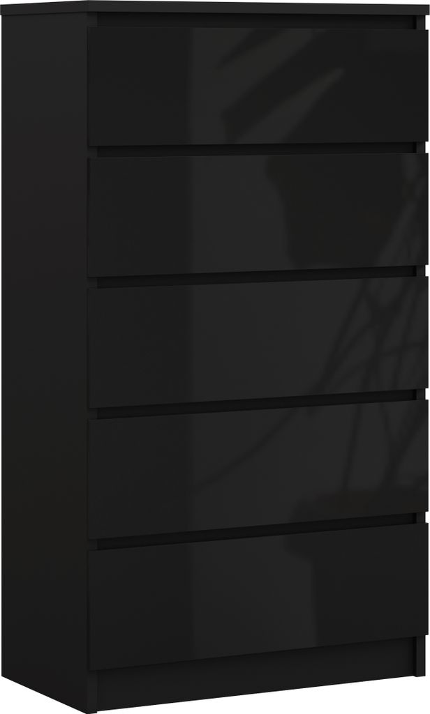 A black chest of drawers with five drawers is shown against a white background.