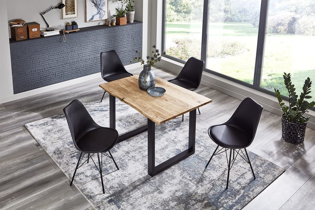 5tlg. Essgruppe Billy 110 x 75 cm, Akazienholz massiv, naturfarben, Baumkantentisch mit U-Gestell in Schwarz + 4X Schalenstuhl Lerche in Schwarz