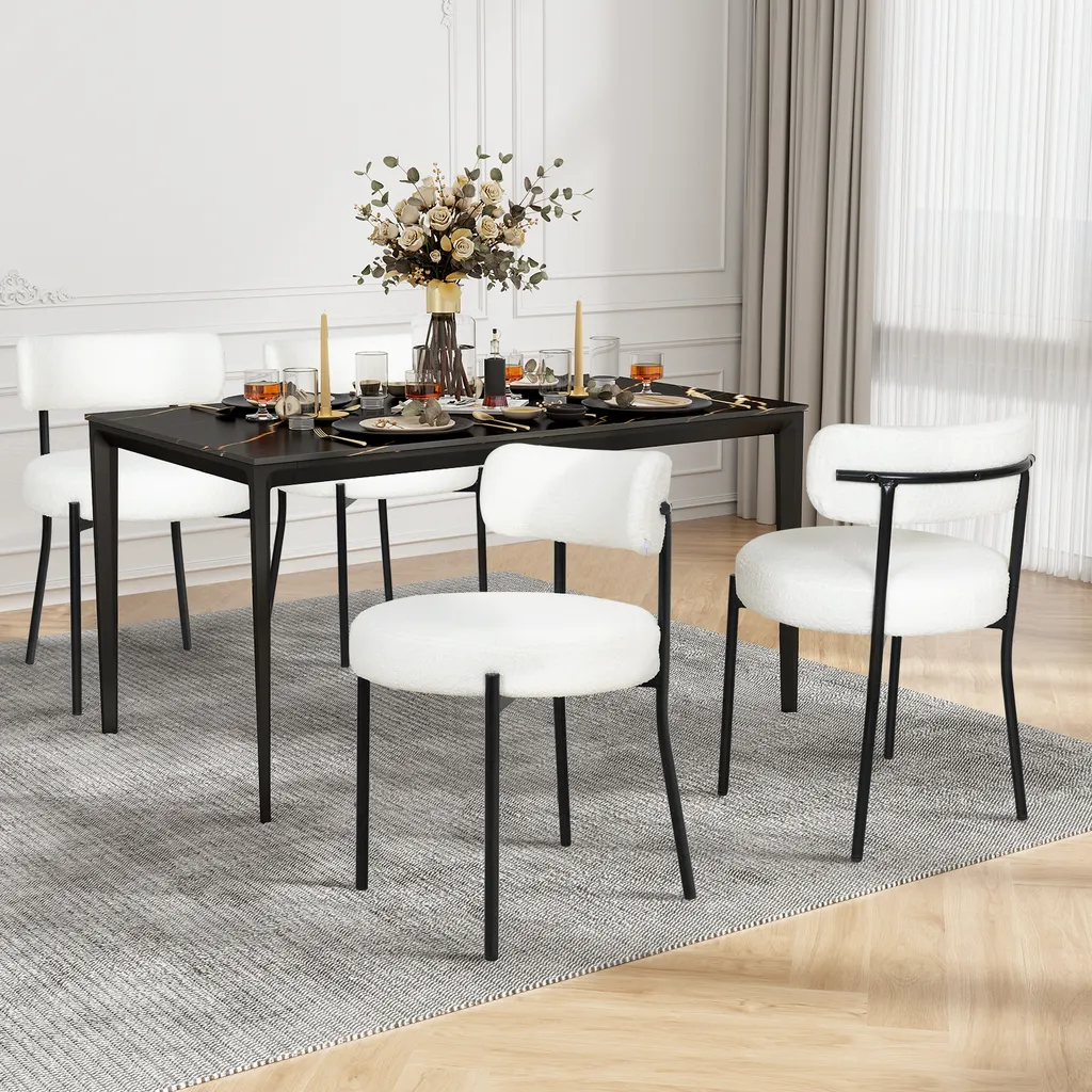 Lot de 4 Chaises Design pour Salle à Manger en Tissu Bouclé Blanc Chic