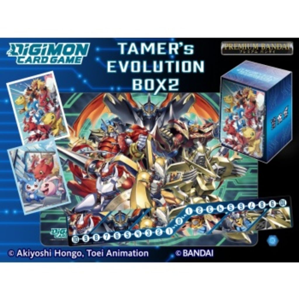 A promotional image for a Digimon Tamers Evolution Box 2, featuring artwork of various Digimon characters and the product box.