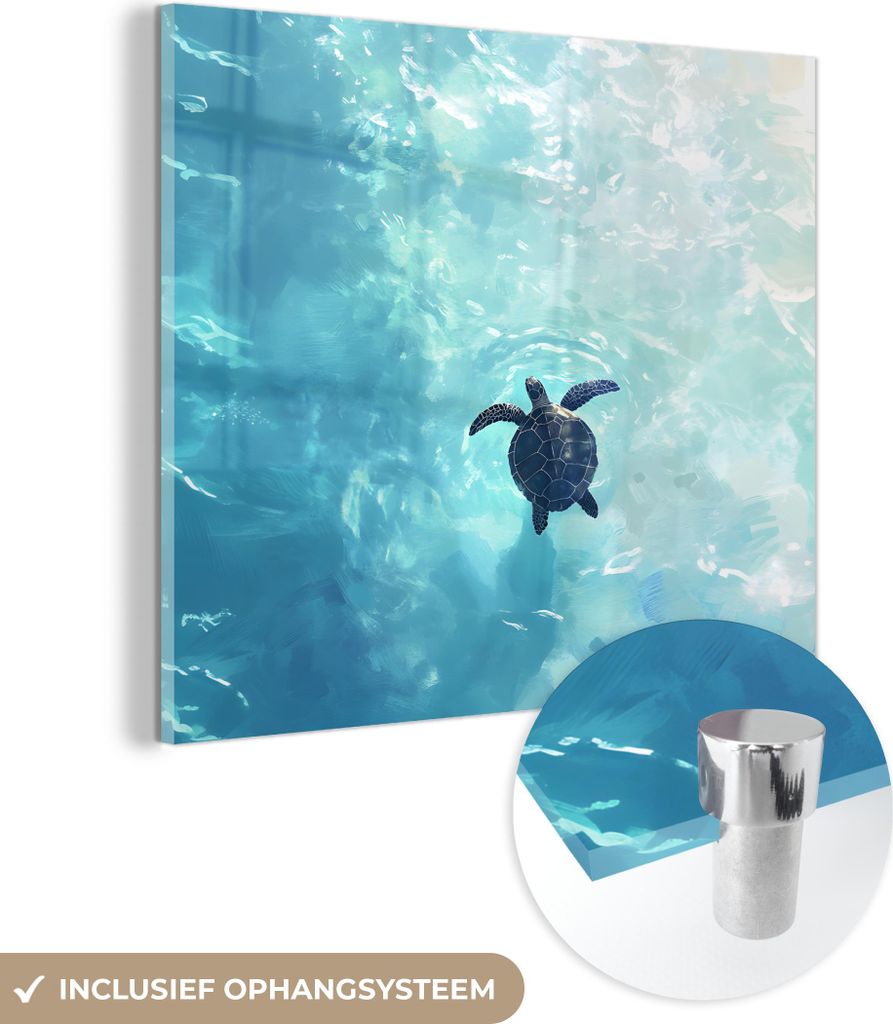 MuchoWow Glasbilder - Bilder auf Wandbild - Foto auf Glas Schildkröte - Meer - Blau - Glitzern 40x40 cm Wanddekoration aus Glas - Acrylglasbild - ...