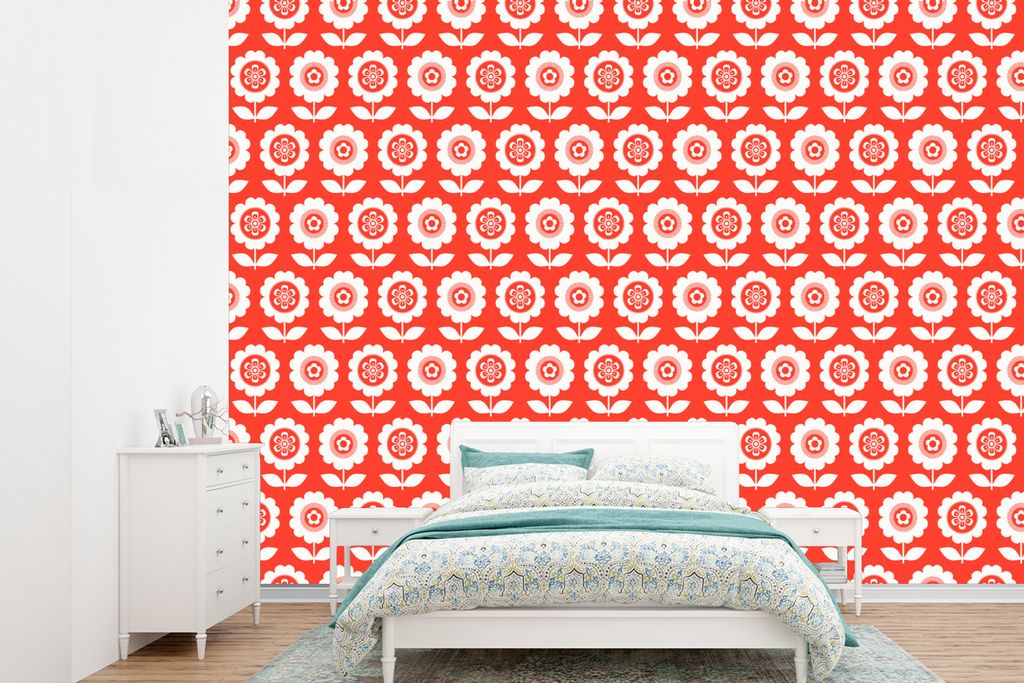 MuchoWow Fototapete für Wohnzimmer oder Schlafzimmer Wandtapete Vinyl Motivtapete Blumen - Muster - Rot - 415x300 cm - Küche