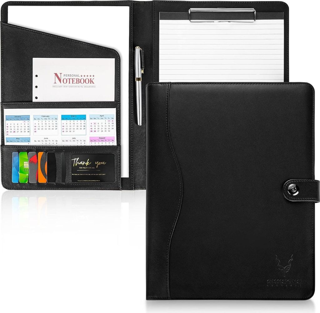 Schreibmappe A4 schwarz - Premium Kunstleder - Inklusive Notizblock
