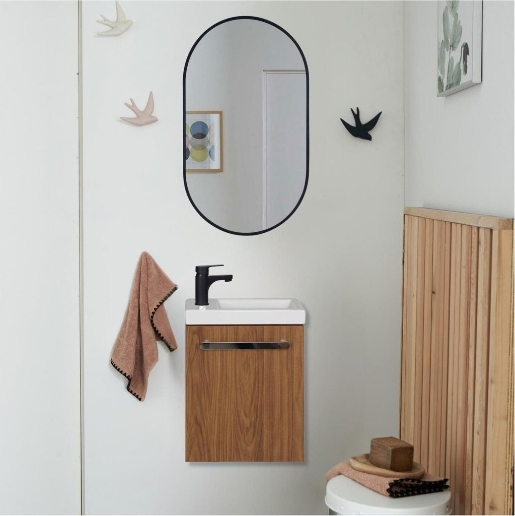 Nevada Wandwaschtisch-Set mit schwarzer Armatur und ovalem Spiegel