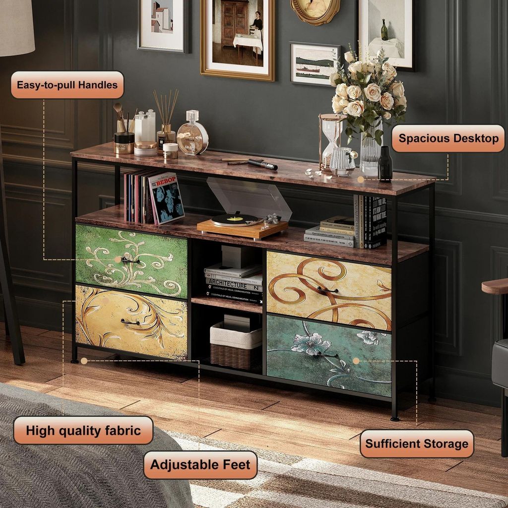 TV Lowboard - TV-Schrank - Vier Schubladen - Verstellbare Einlegeböden - Maße 108×30×78 cm - Modernes Design - Braun