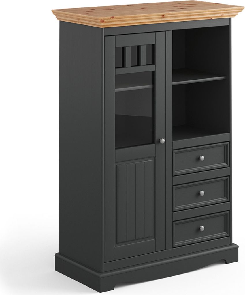 Highboard Vitrine, Massivholz in grau mit Kiefer Optik Produktbild 