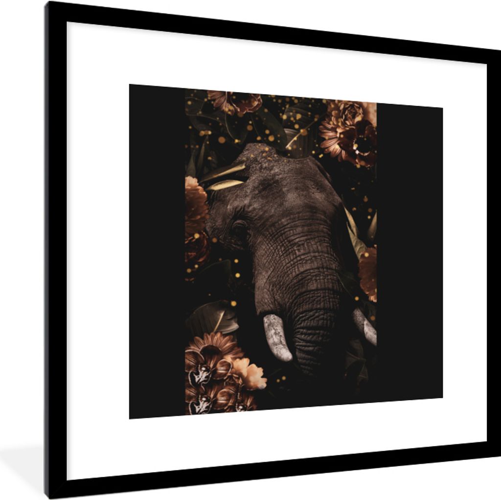 MuchoWow MuchoWow Gerahmtes Poster Elefant - Tiere - Blumen - Licht 40x40 cm - Poster mit zchwarzem Bilderrahmen - Poster - Plakat im Rahmen