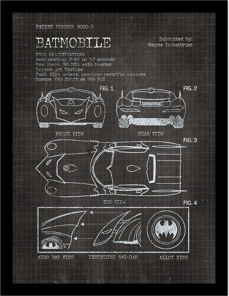 Batman - Gerahmtes Poster, Batmobile Patent PM8239 (40 cm x 30 cm) (Schwarz/Weiß)