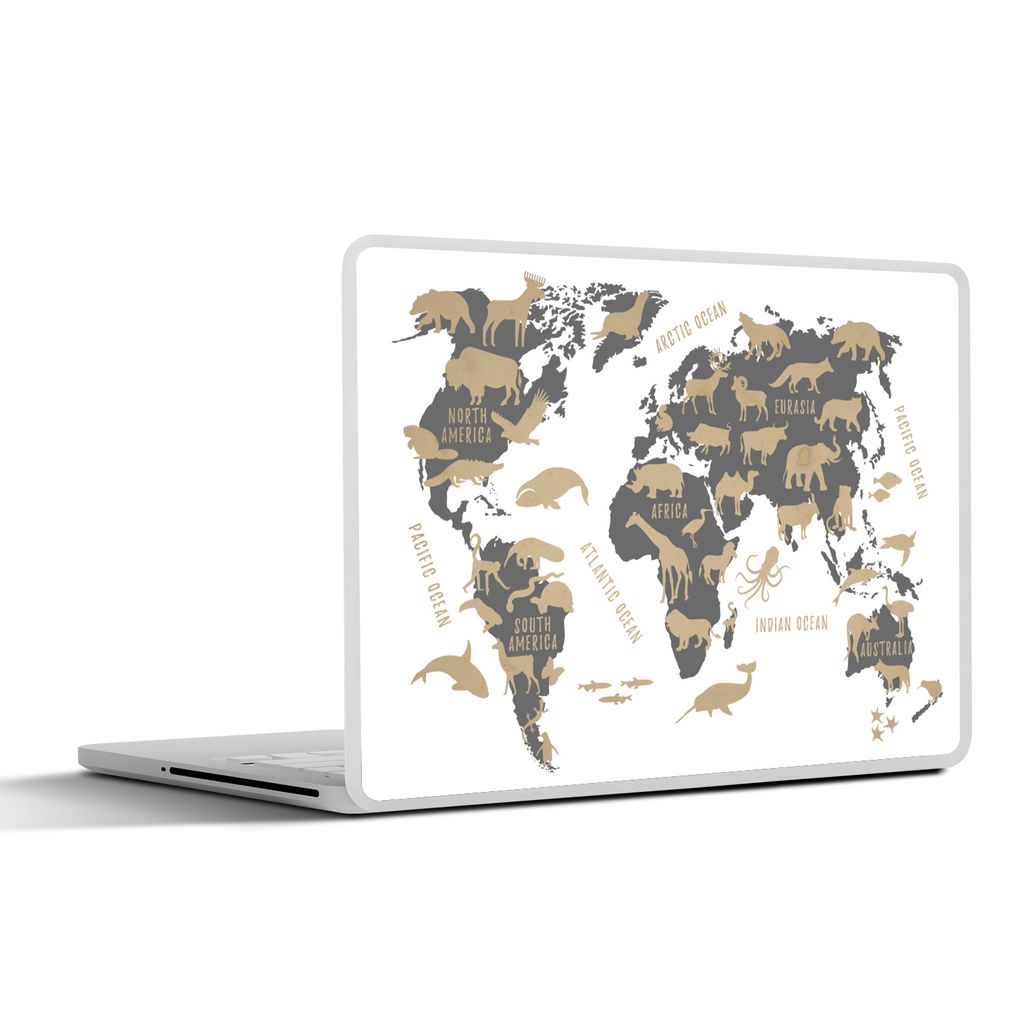 MuchoWow Laptop Aufkleber Sticker Cover Weltkarte - Grau - Tiere 25x18 cm - Laptop-Deko