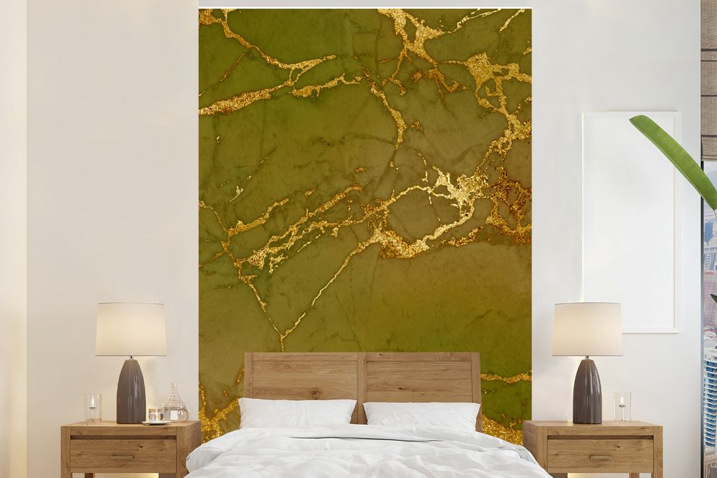 MuchoWow Fototapete für Wohnzimmer oder Schlafzimmer Wandtapete Vinyl Motivtapete Marmor - Gold - Grün - Chic - 145x220 cm - Wanddekoration