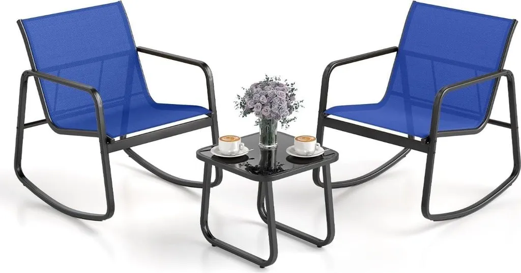 Salon de jardin bistrot 3 pièces fauteuils à bascule et table bleue