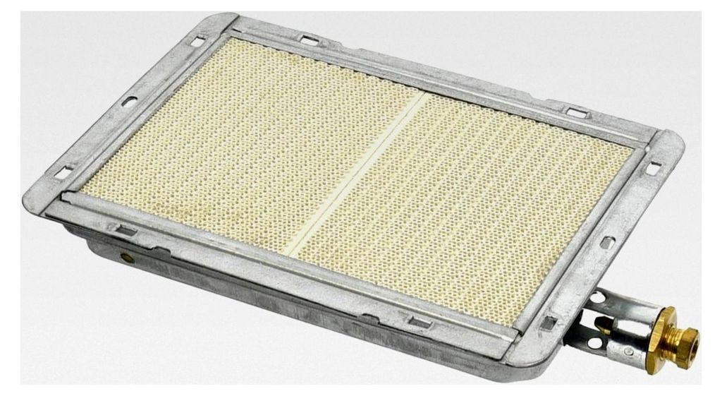 Keramikbrenner für Dönergrills von Potis – Ø8 mm Anschluss, Flammenbereich 177×125 mm, Gesamtmaß 216×160 mm, Düse 1,45 mm