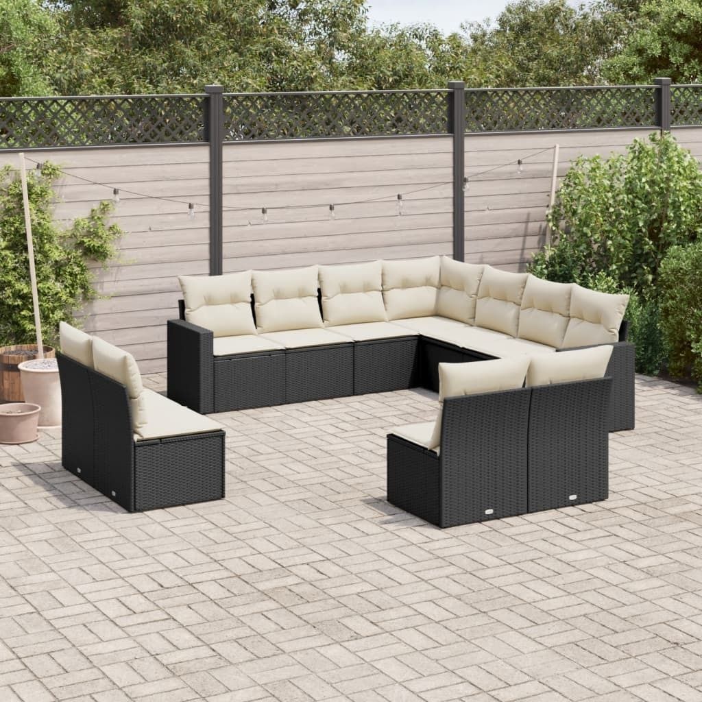Schlichtes 11-tlg. Garten-Sofagarnitur,Lounge-Gartenmöbel, Gartensofa Set mit Kissen Schwarz Poly Rattan DE1297