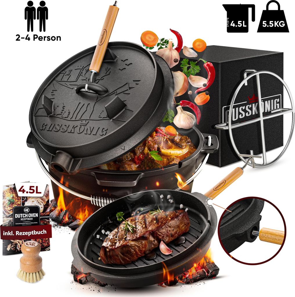 GUSSKÖNIG Dutch Oven Set 4,5 Liter Feuertopf inkl. 2in1 Deckelheber Bürste Rezeptbuch