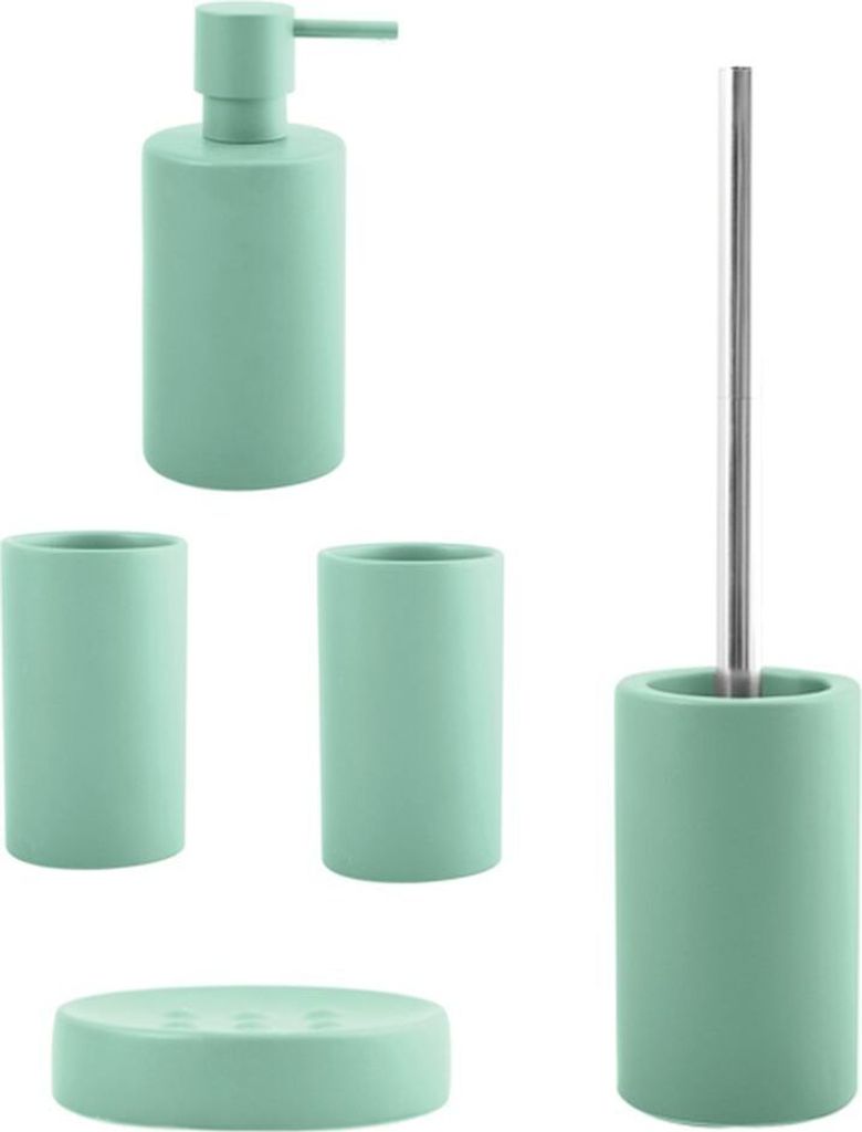 spirella Badezimmer Set, 5-teiliges Badzubehör aus Keramik Tube, Seifenspender, WC Bürste, Seifenschale und 2x Zahnputzbecher Grün matt