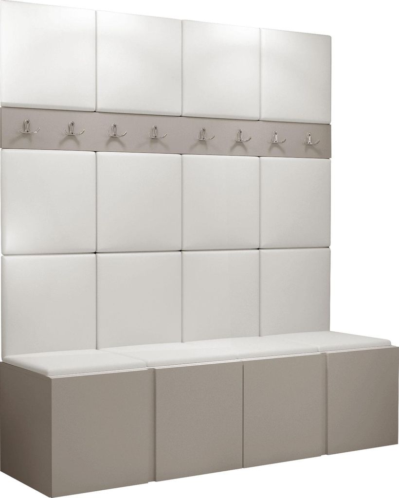 MIRJAN24 Garderoben-Set Orion V, Garderobe mit Sitzbank mit 16 x Wandpanel 42x42 (Farbe: Cashmere, Soft 017)