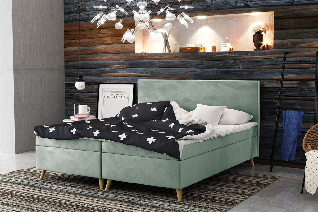 Boxspringbett Schlafzimmerbett Sileno 140x220cm in Stoff Riviera Mint