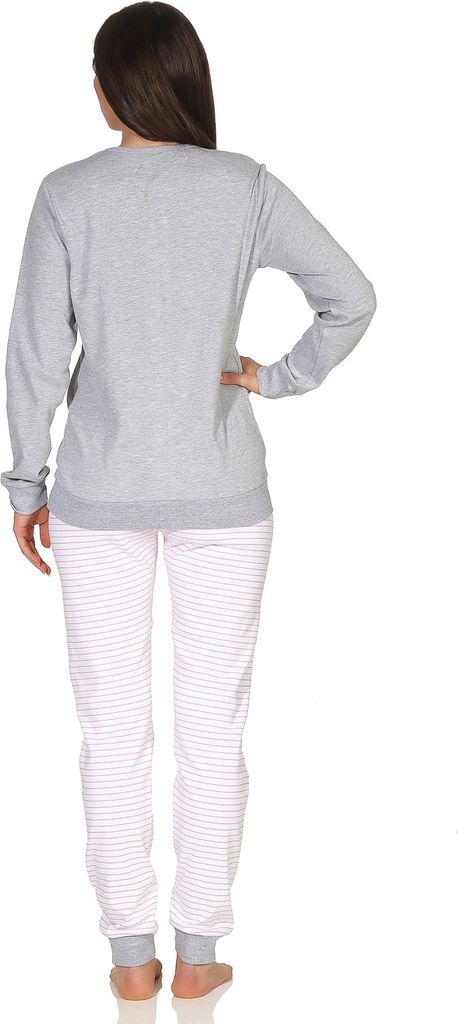 Kuscheliger Damen Pyjama mit Bündchen, gestreifter Hose und Sternmotiv - auch in Übergrössen ; grau-melange , 60
