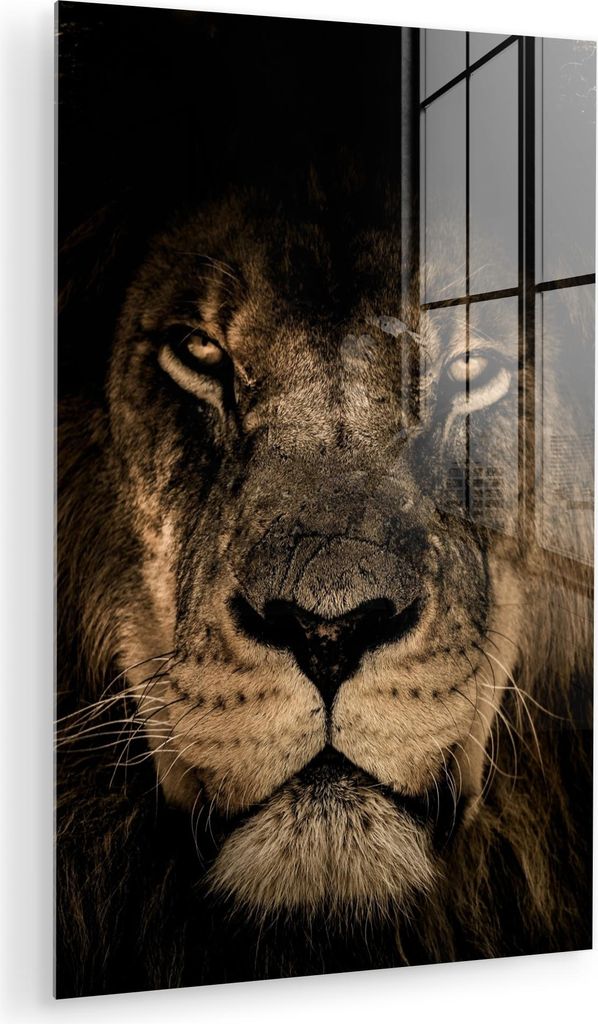 MuchoWow Glasbilder - Bilder auf Wandbild - Foto auf Glas Löwe - Tiere - Schwarz - Porträt 20x30 cm Wanddekoration aus Glas - Acrylglasbild - Acr...
