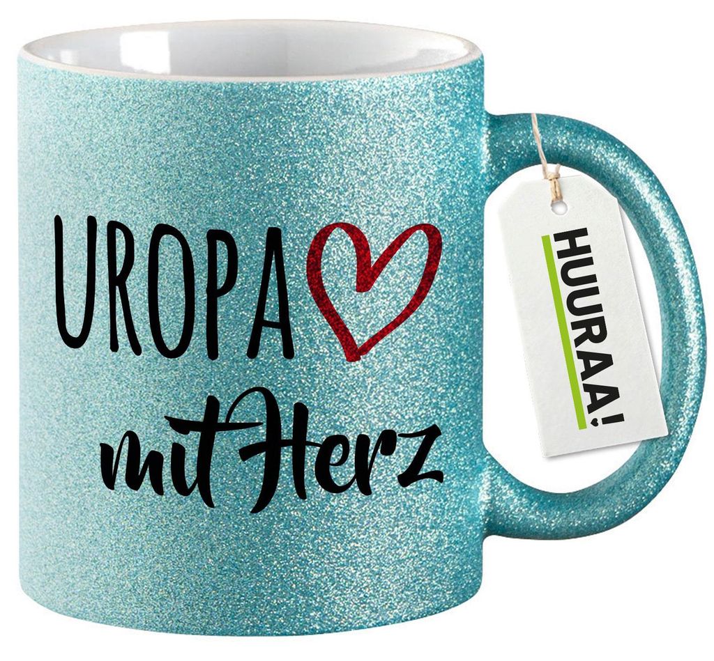 Huuraa Glitzertasse Uropa mit Herz 330ml Blau Keramik Kaffeebecher Geschenkidee