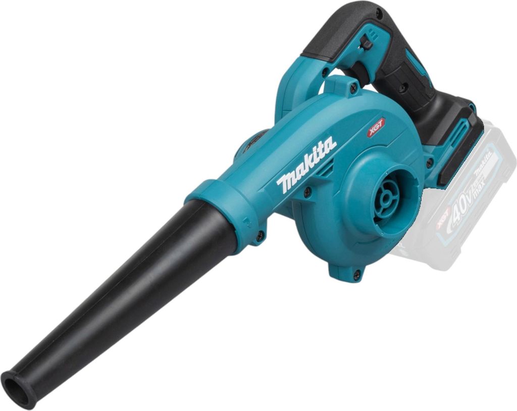 A teal and black Makita cordless leaf blower is shown against a white background.