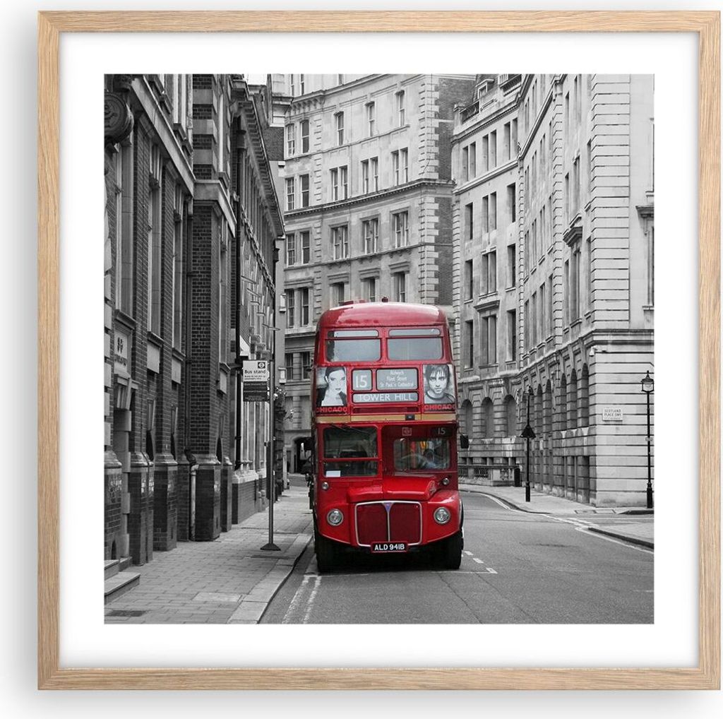 Gerahmtes Poster - Rahmen in heller Eiche - Bus england urlaub london - 50x50 cm - Wand Bild - Wanddeko - Wandbilder - Wandposter - Bilderrahmen - ...