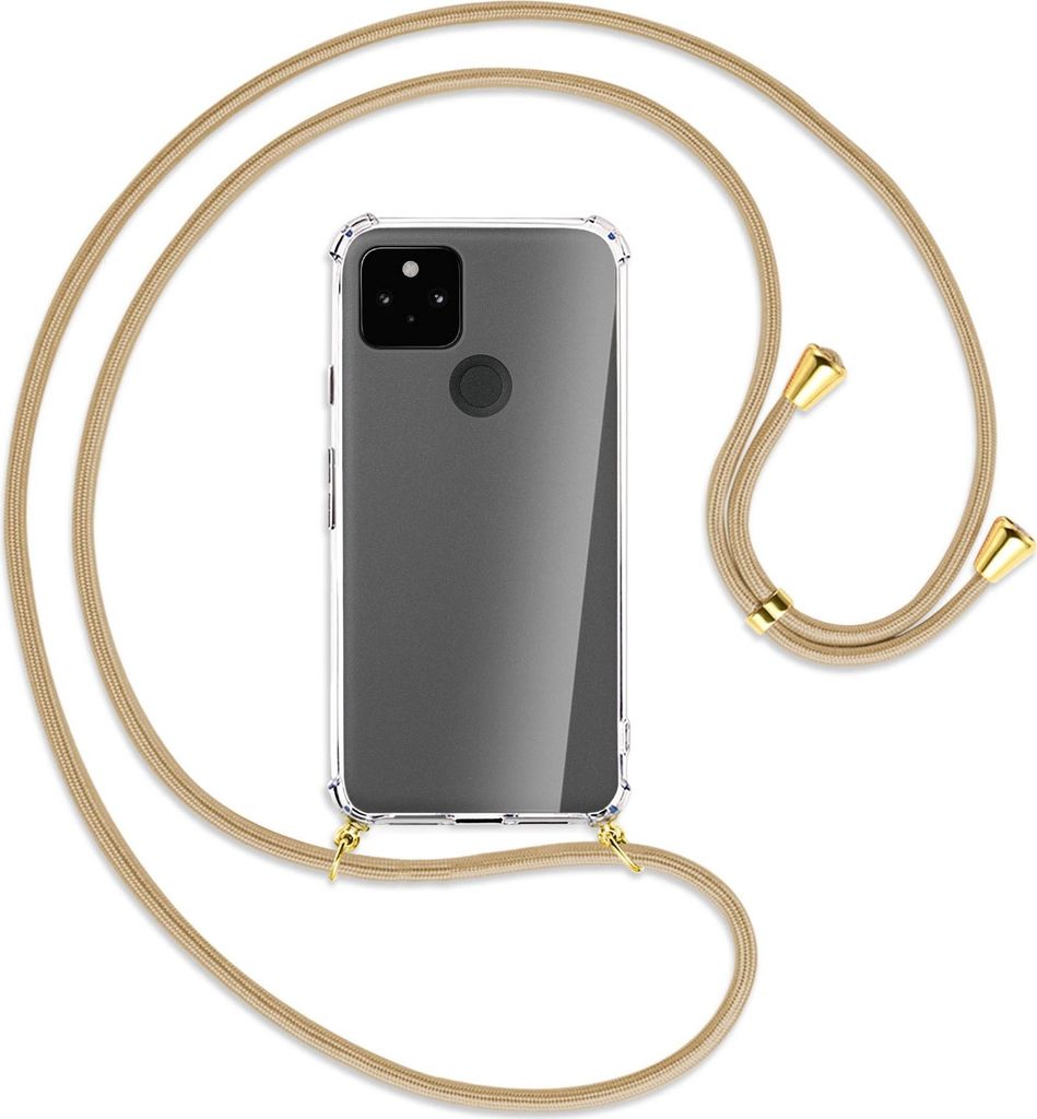 Handykette Backcover-Schutzhülle mit Band (Metall goldfarben) für Google Pixel 5a 5G - caramel