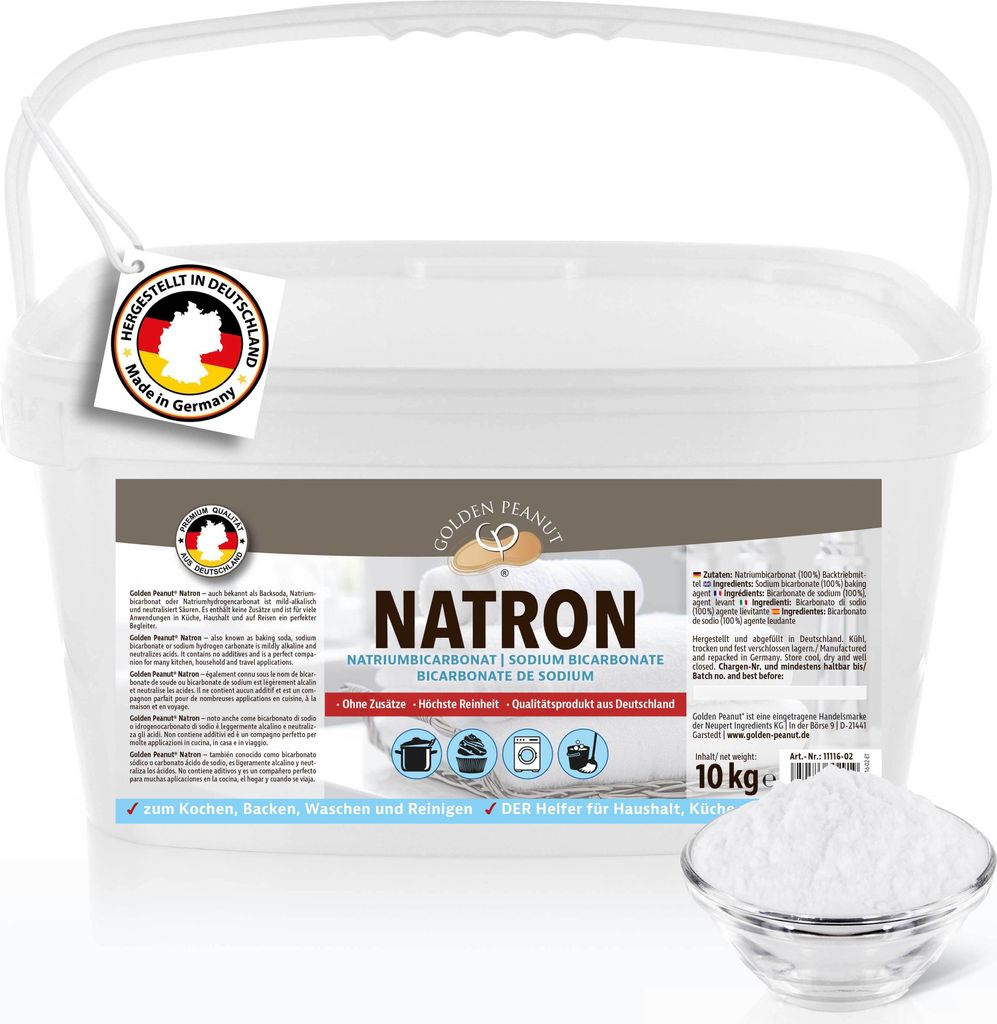 GOLDEN PEANUT Natron Pulver 10 kg - Premium Natriumhydrogencarbonat, Backsoda, Backpulver, Wasch-Soda, hochreine Lebensmittelqualität aus Deutschland