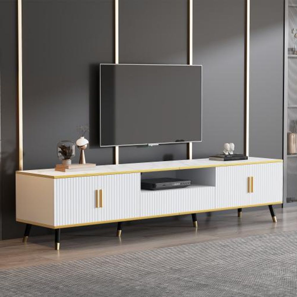 Marmor-Optik 200 x 40 x 46 cm Weiss Spanplatte Drei Schubladen 1 Kabelmanagement Moderner Lowboard Marmor-Optik TV-Board TV-Kommode Drei Schubladen