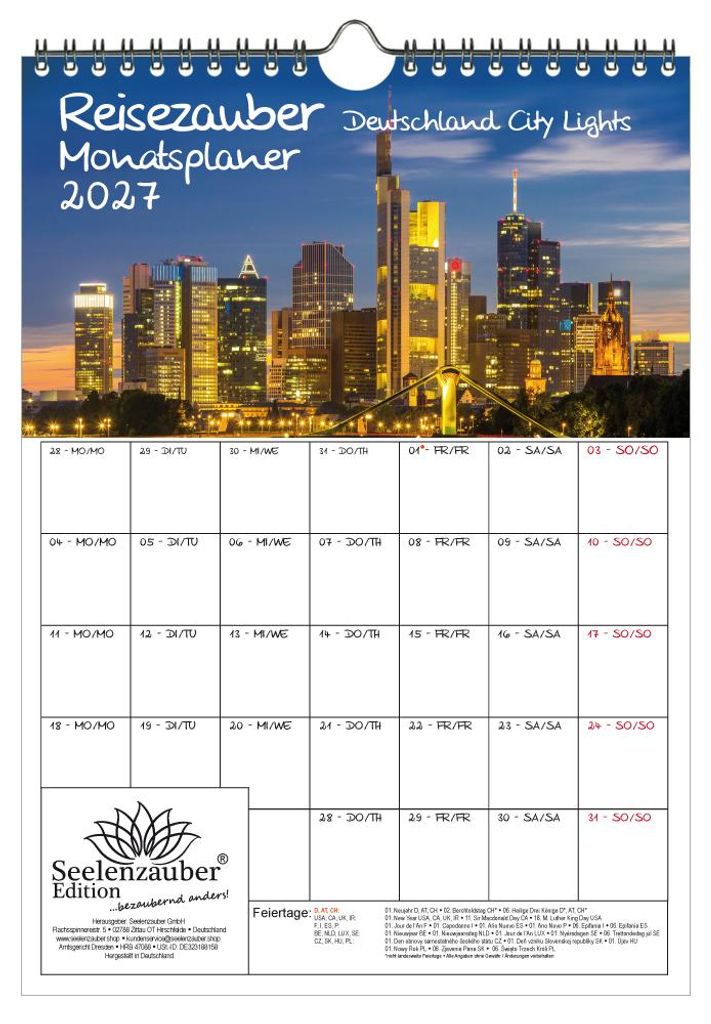 Reisezauber Deutschland City Lights Planer DIN A4 Kalender für 2027 Nächtliche Städte Deutschland - Seelenzauber